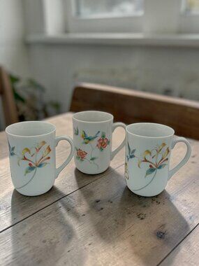 Vintage Otagiri Japan Floral Coffee Mugs Set of 3 Bird & Flower Design Stoneware